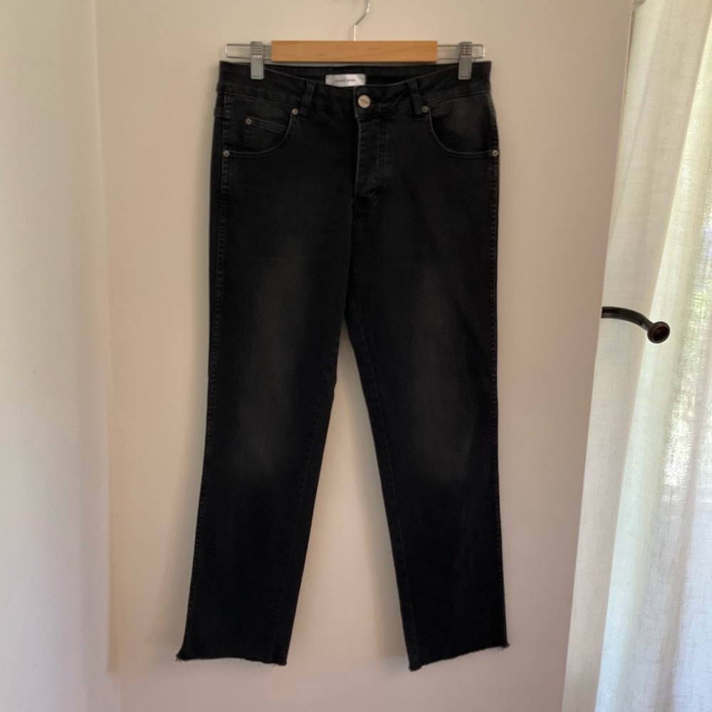 Anine Bing Faded Black Button Fly Cropped Raw Hem Jeans Size 28
